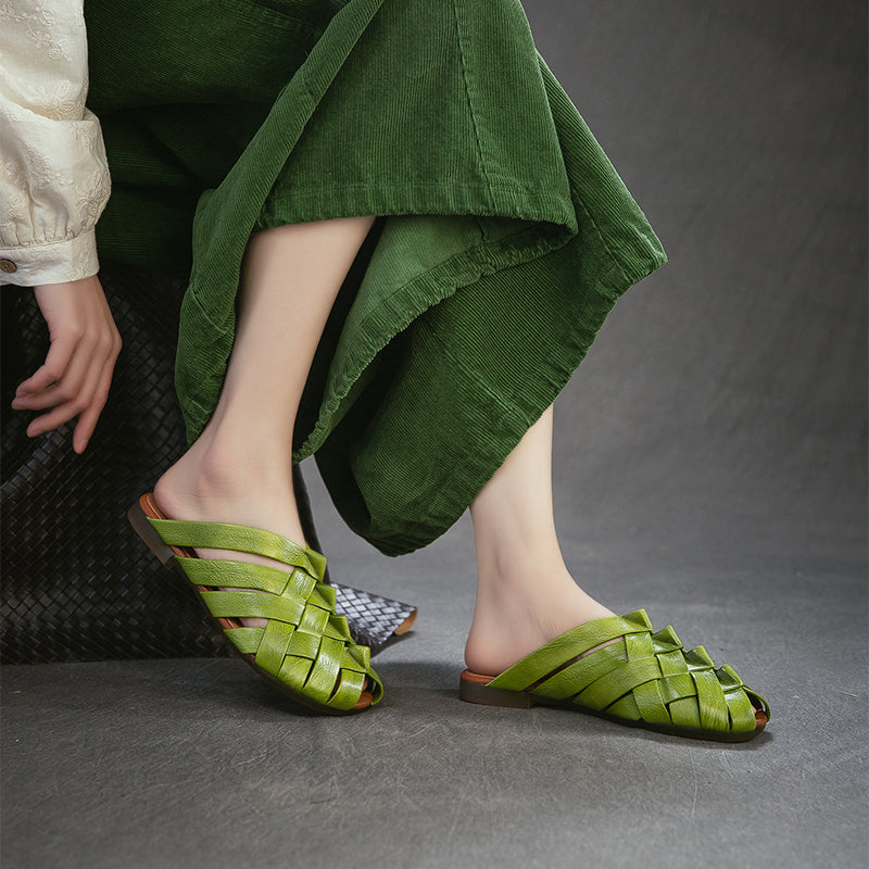 Woven Leather Mule Sandals for Women Peep Toe Handmade Braided Flat Slide Sandals in Green/Beige