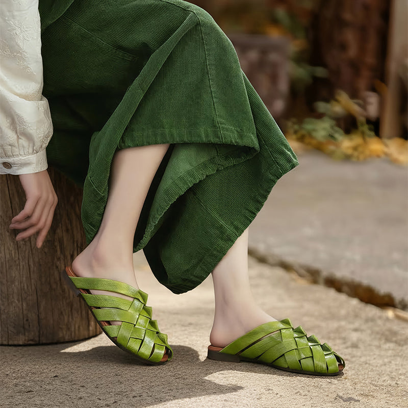 Woven Leather Mule Sandals for Women Peep Toe Handmade Braided Flat Slide Sandals in Green/Beige