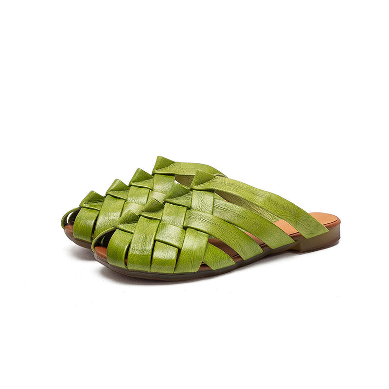 Woven Leather Mule Sandals for Women Peep Toe Handmade Braided Flat Slide Sandals in Green/Beige
