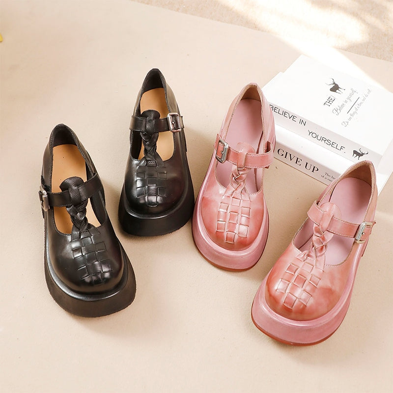 Woven T-Strap 52mm Washed Cowhide Platform Mary Jane Shoes in Black/Pink Purple