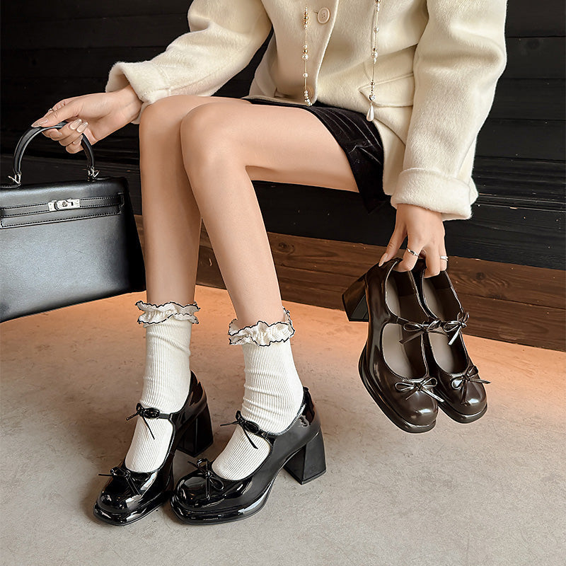 Y2K Styles Cow Leather 75mm Chunky Mary Jane Pumps with Bow in Brown/Black
