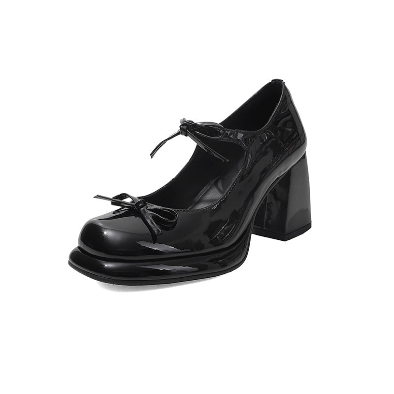 Y2K Styles Cow Leather 75mm Chunky Mary Jane Pumps with Bow in Brown/Black