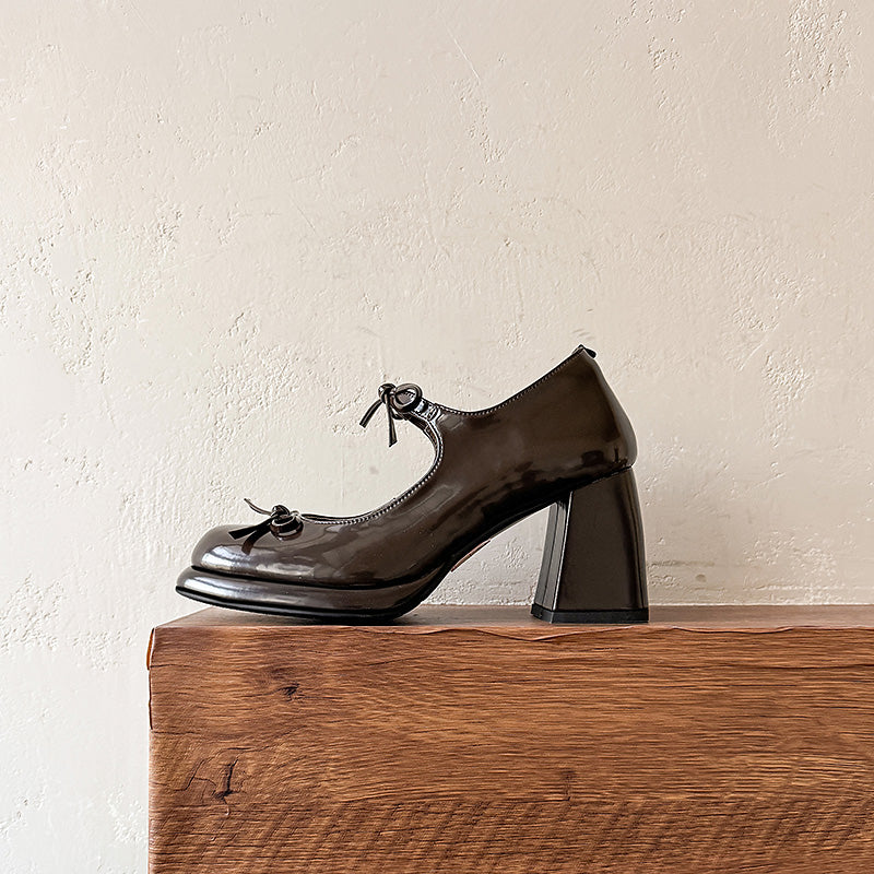 Y2K Styles Cow Leather 75mm Chunky Mary Jane Pumps with Bow in Brown/Black