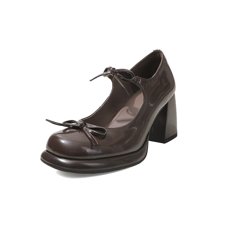Y2K Styles Cow Leather 75mm Chunky Mary Jane Pumps with Bow in Brown/Black