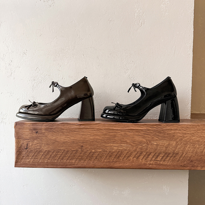 Y2K Styles Cow Leather 75mm Chunky Mary Jane Pumps with Bow in Brown/Black