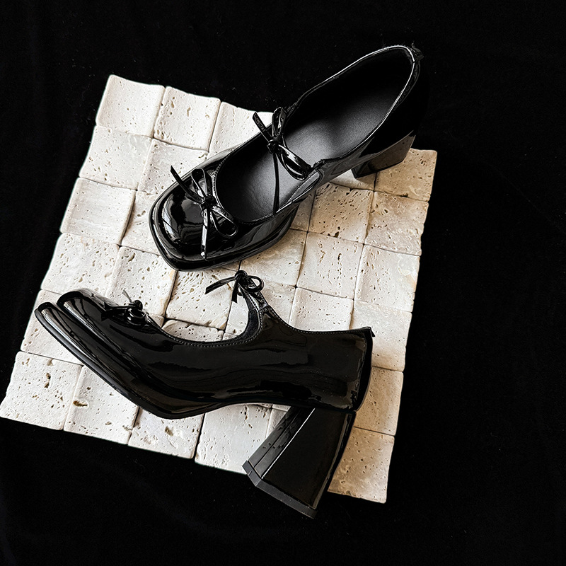 Y2K Styles Cow Leather 75mm Chunky Mary Jane Pumps with Bow in Brown/Black